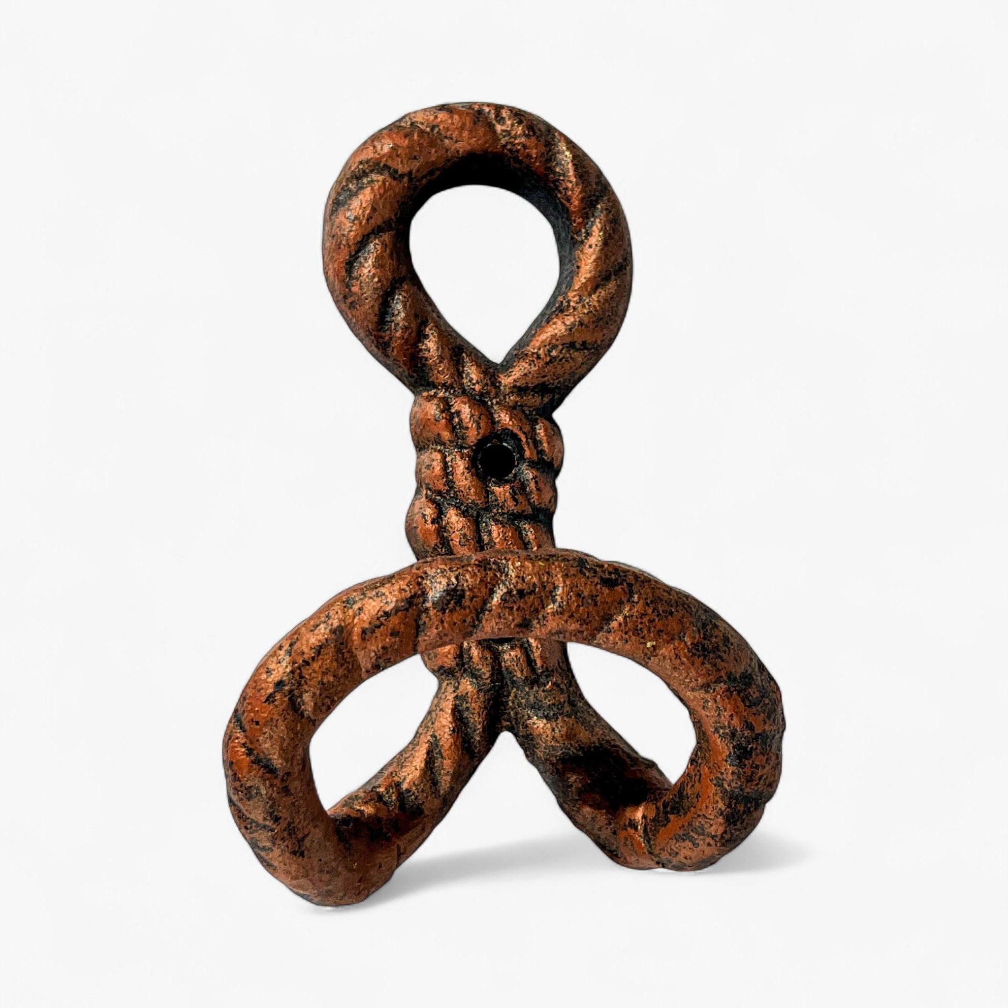 Copper metallic cast iron rope hook with aged distressed finish and rope texture
