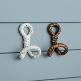 White and copper cast iron rope wall hooks set of 2 displayed on blue shiplap wall