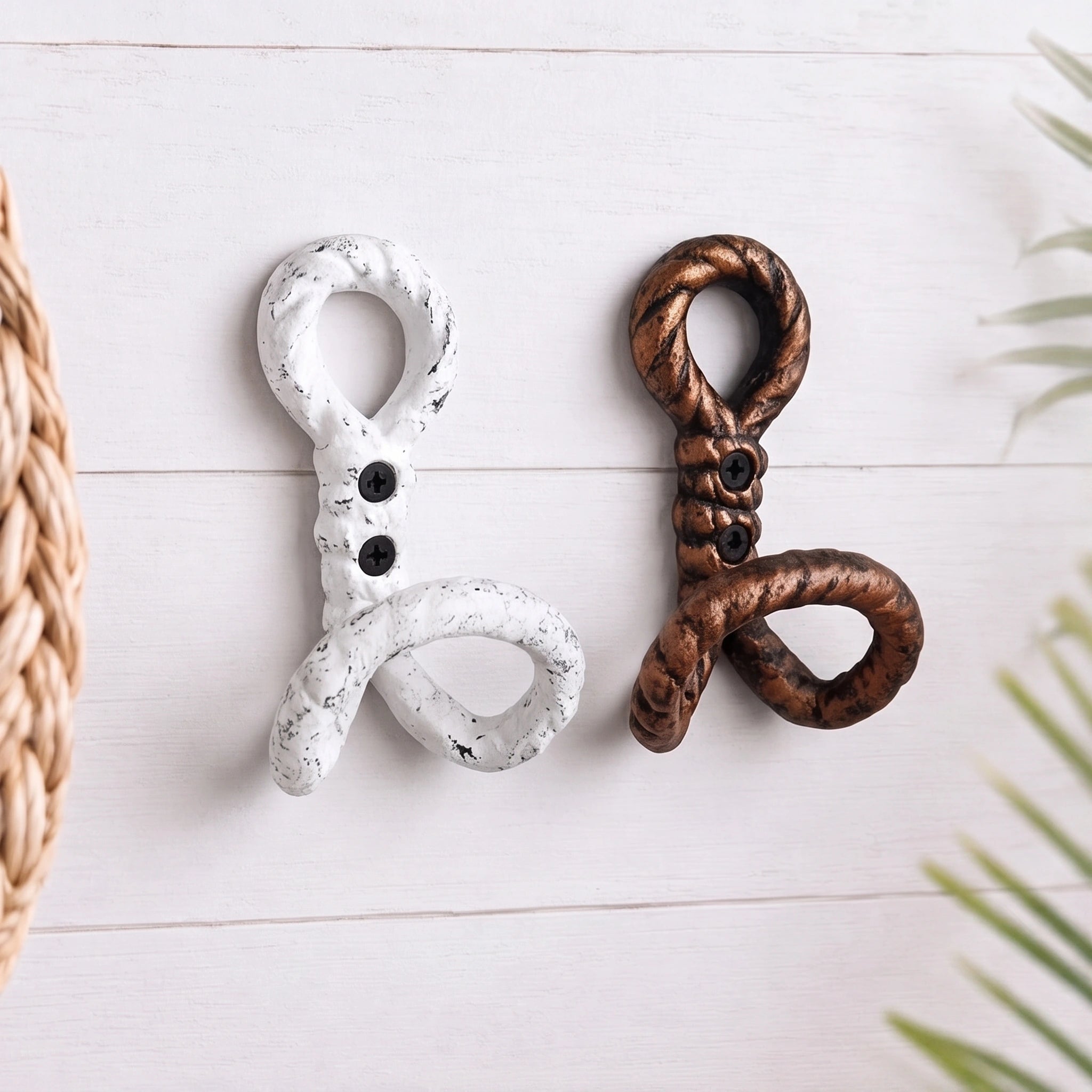 Nautical Rope Wall Hooks, Cast Iron Set of 2, White and Copper, 4.8" GB78016AB shot 1