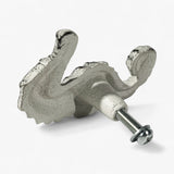 Distressed white seahorse pull with metal screw hardware installed, 3D functional view