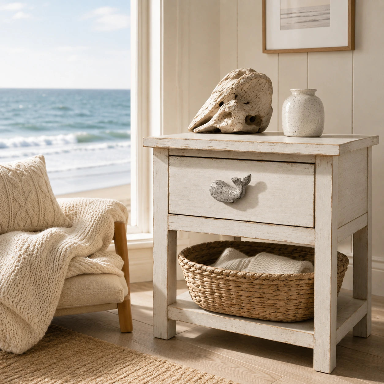 Coastal nightstand with white whale drawer knob, ocean view, and woven basket