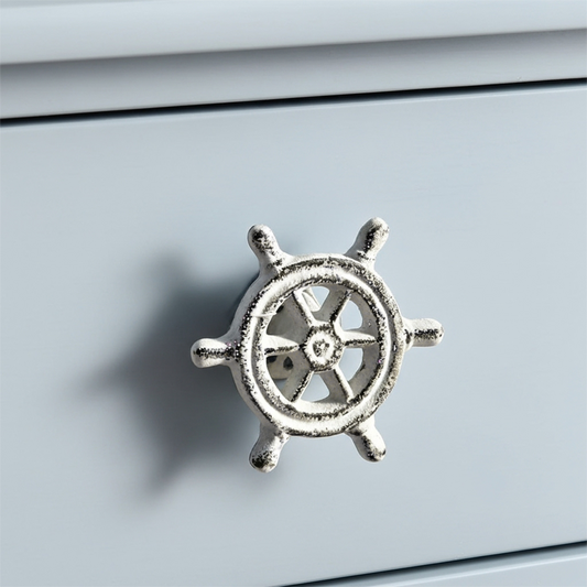 Ship Wheel Cabinet Knob, Distressed White Nautical Pull