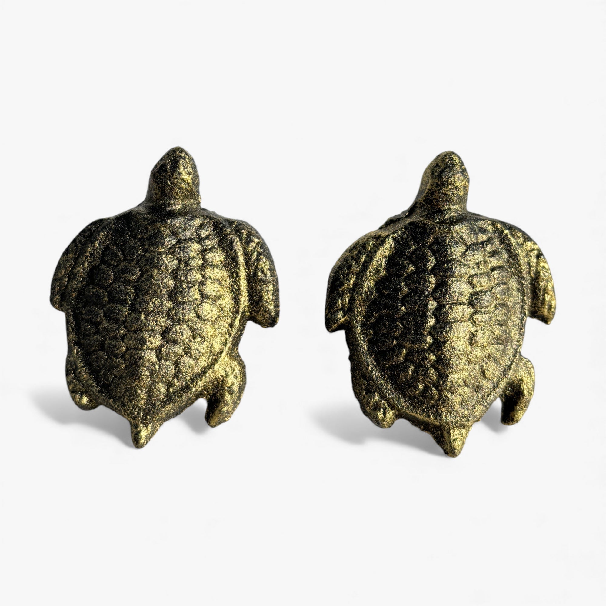 Gold distressed sea turtle knob front and back views, cast iron coastal drawer pull
