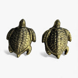 Gold distressed sea turtle knob front and back views, cast iron coastal drawer pull