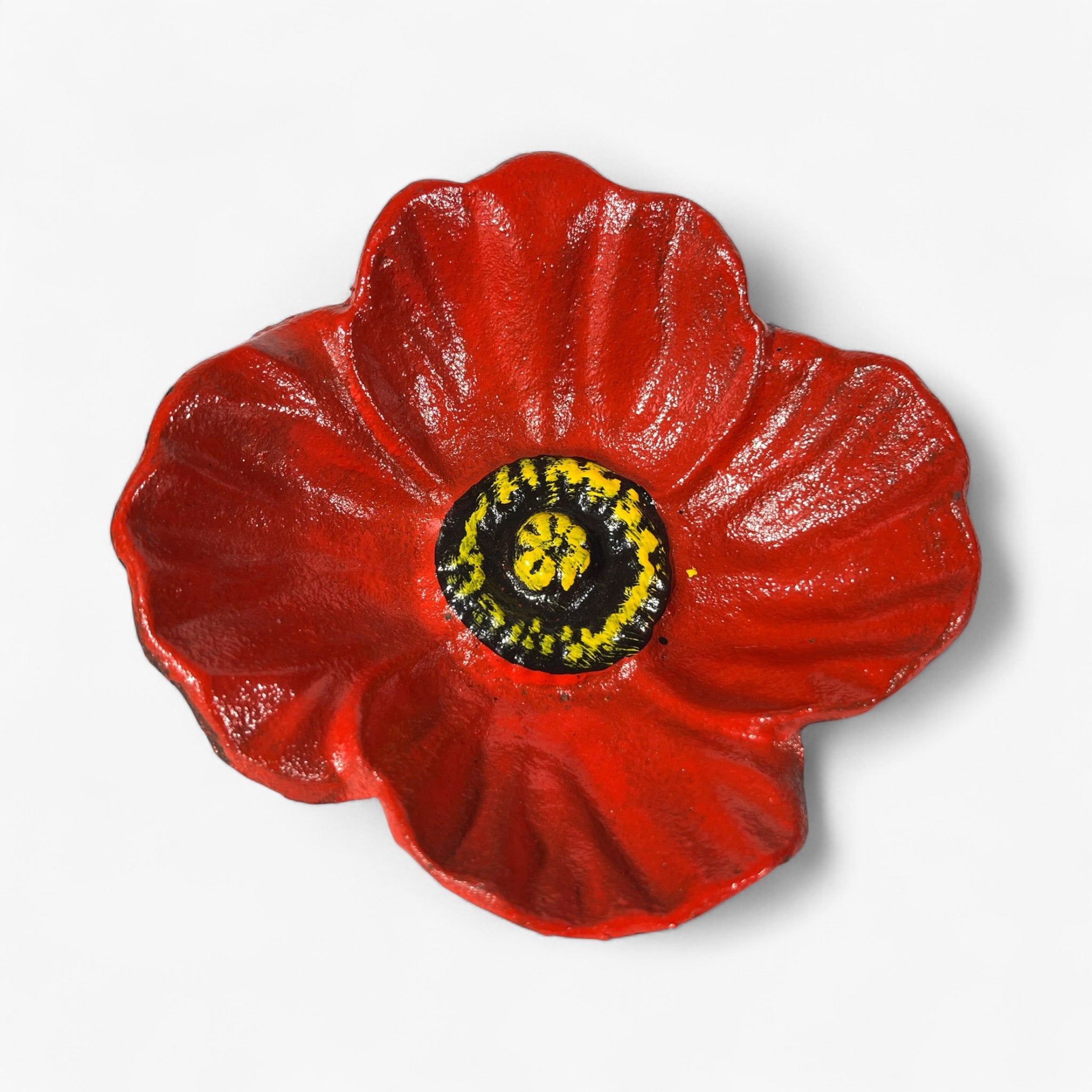 Red poppy cast iron flower stake with ruffled petals and black-yellow center, top view