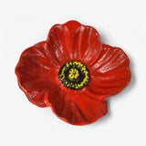 Red poppy cast iron flower stake with ruffled petals and black-yellow center, top view