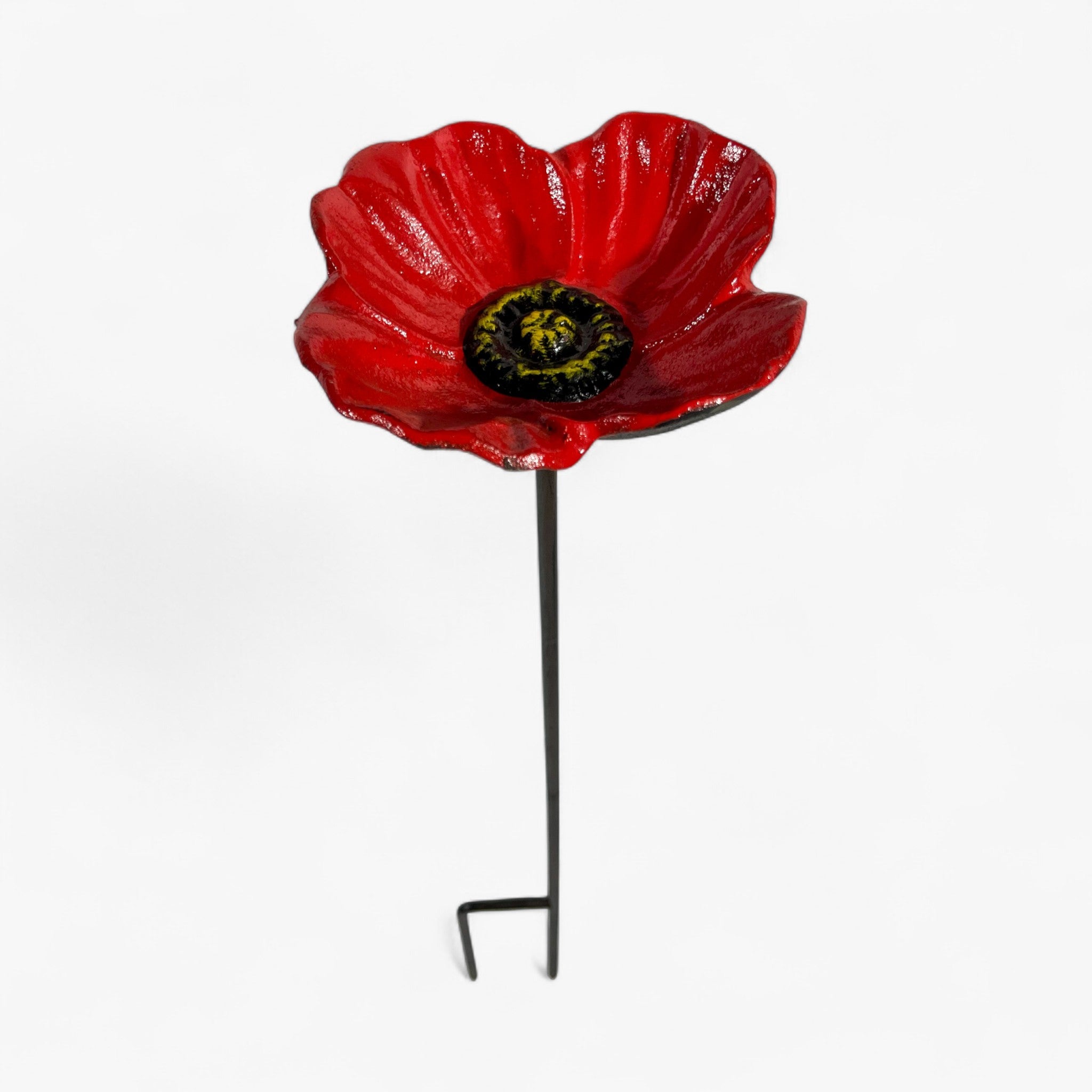 Full red poppy cast iron garden stake with ground hook, isolated on white background