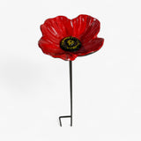 Full red poppy cast iron garden stake with ground hook, isolated on white background