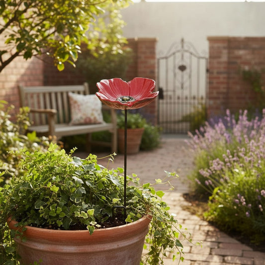 Poppy Flower Garden Stake Bird Feeder Cast Iron Decor