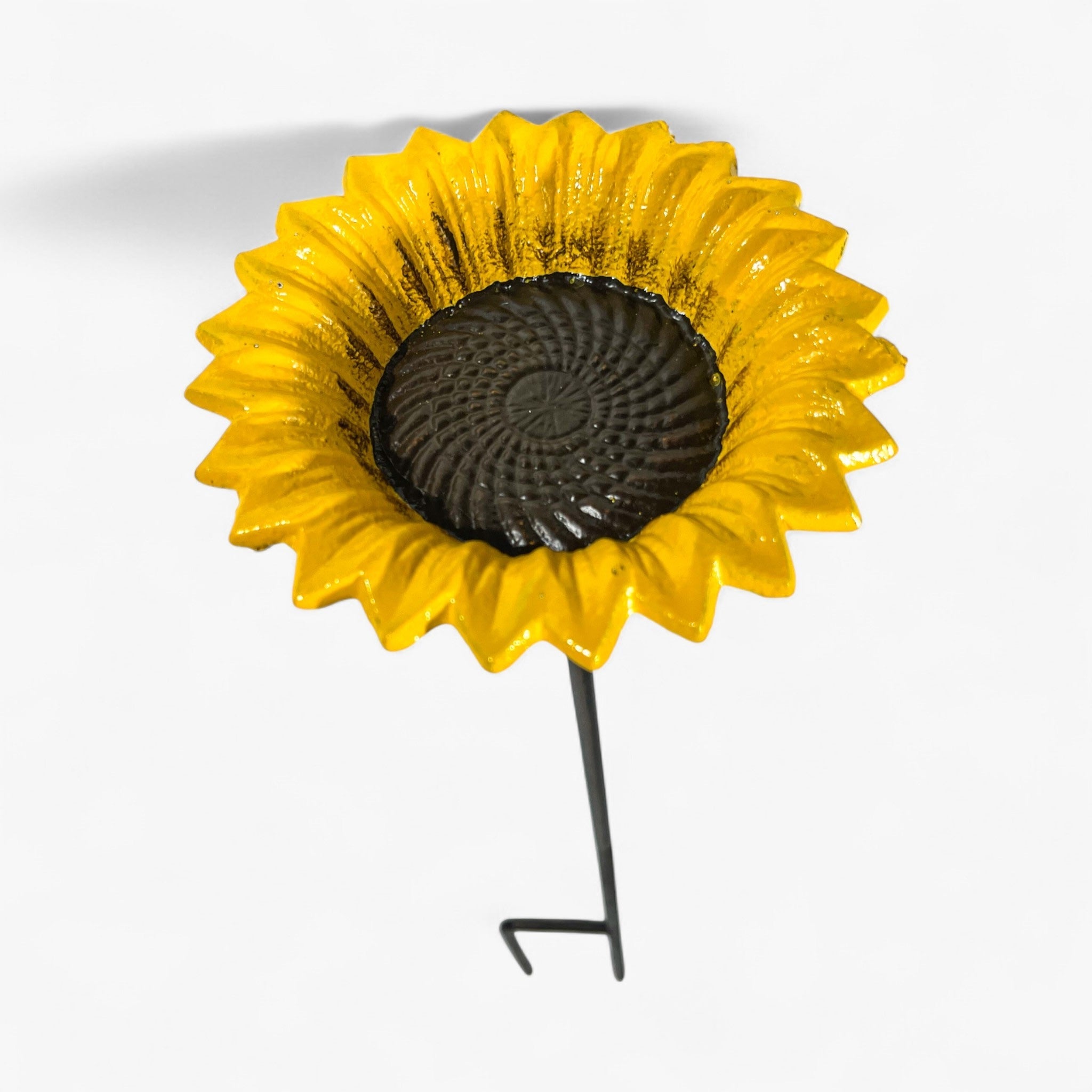 Yellow petaled sunflower garden stake feeder, glossy painted finish with iron bowl