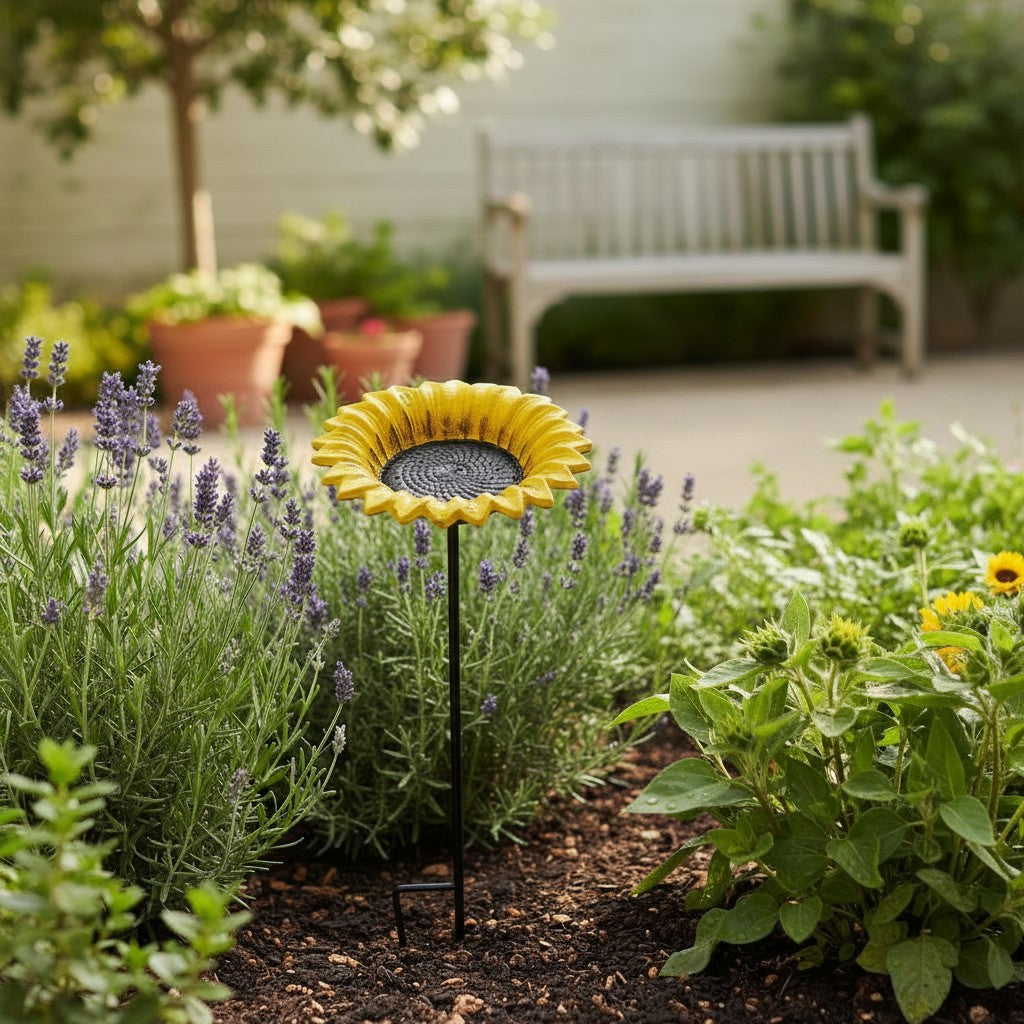 Yellow cast iron sunflower bird feeder garden stake with bronze stem, outdoor lawn decor