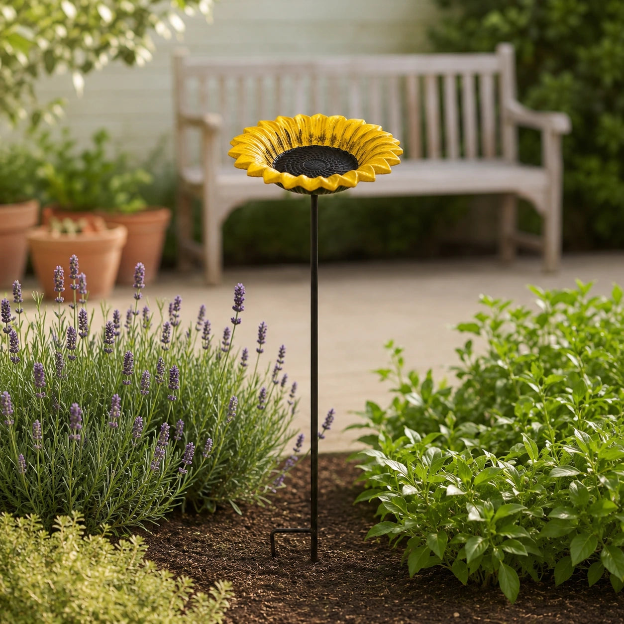 Sunflower Bird Feeder and Bath, Yellow Cast Iron Garden Stake, 30" GB78023 shot 1