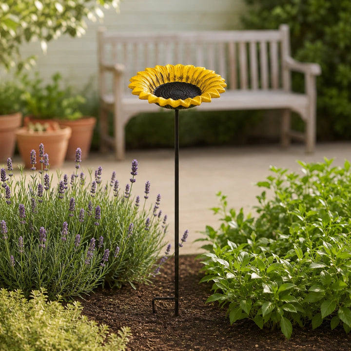 Sunflower Bird Feeder and Bath, Yellow Cast Iron Garden Stake, 30" GB78023 shot 1