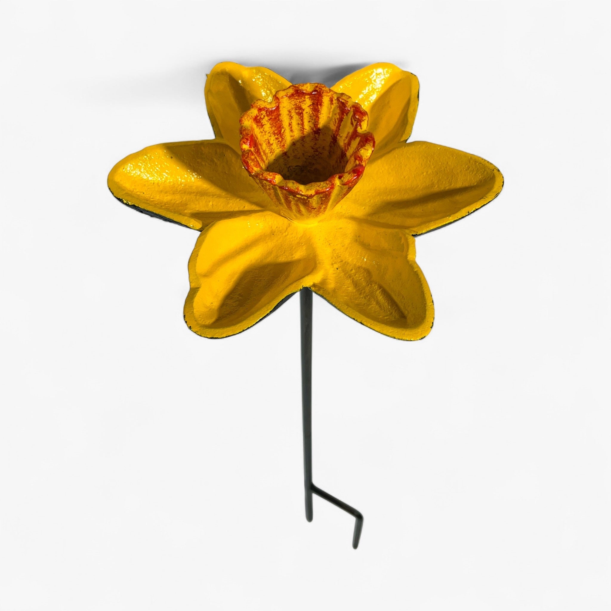 Yellow daffodil cast iron bird feeder garden stake, full front view with detailed red center cup