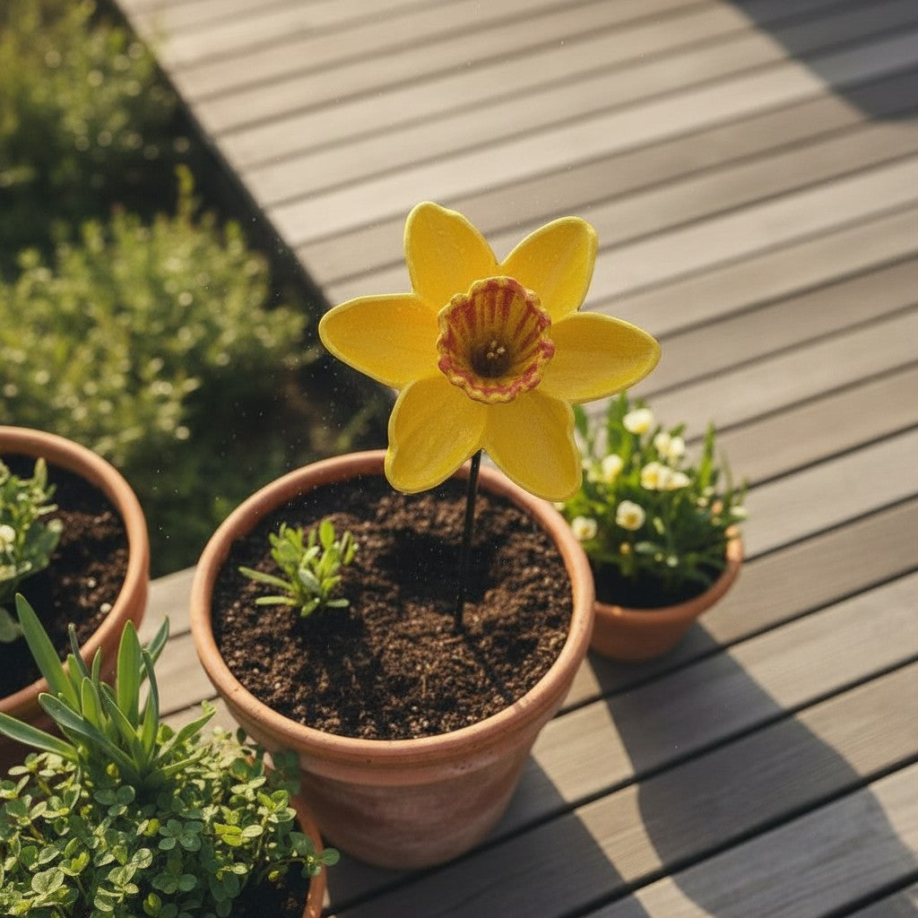 Yellow daffodil cast iron garden stake with red center, in outdoor planter with soil