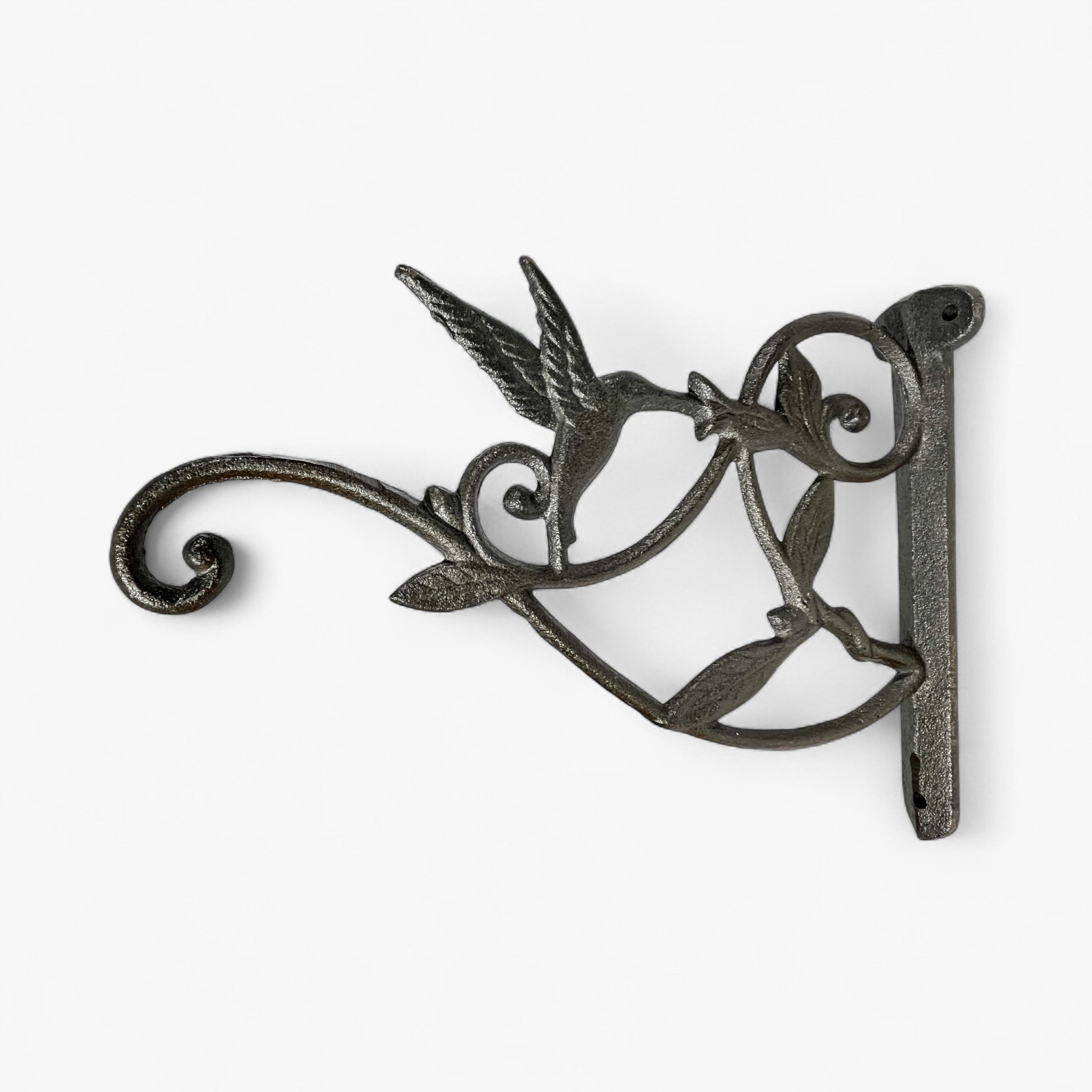 Natural iron finish hummingbird bracket featuring ornate scrolls and curved plant hangers