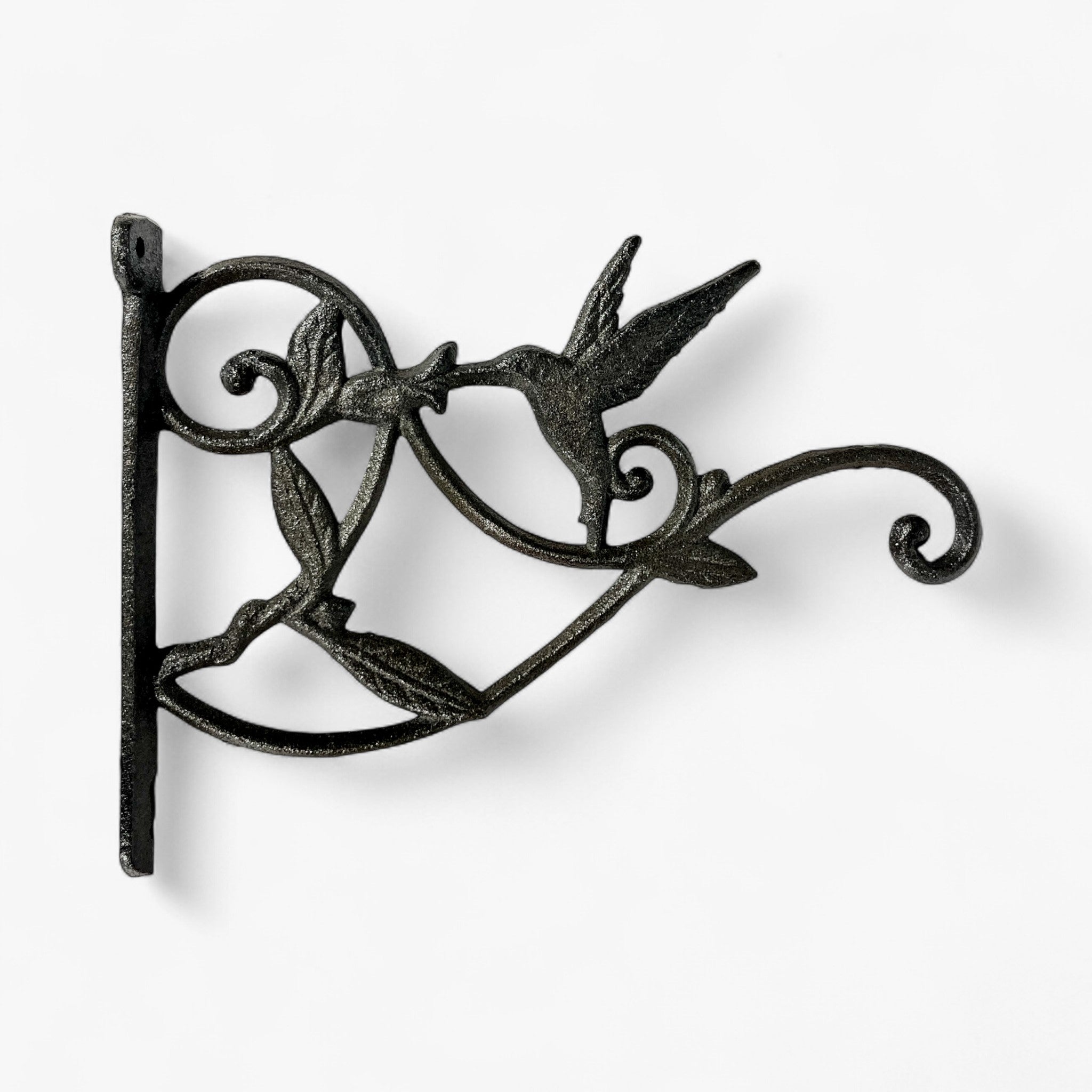 Iron hummingbird wall bracket mounted showing decorative metalwork and mounting hardware