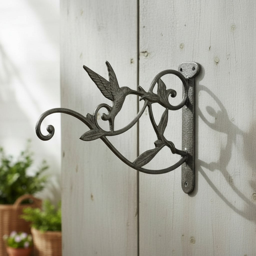 Decorative hummingbird plant hanger wall bracket in natural iron finish with scrolled details