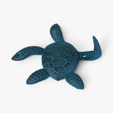 Teal verdigris cast iron sea turtle wall hook with detailed shell and curved flippers