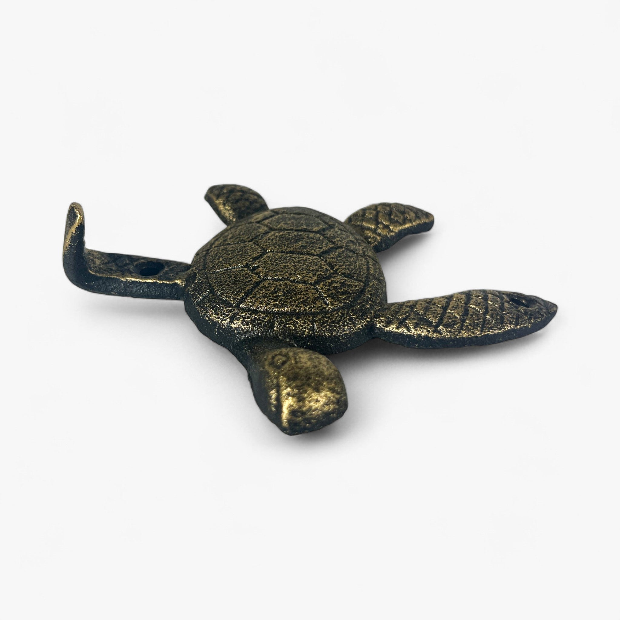 Coastal cast iron sea turtle hook with textured shell, spread limbs for hanging decor