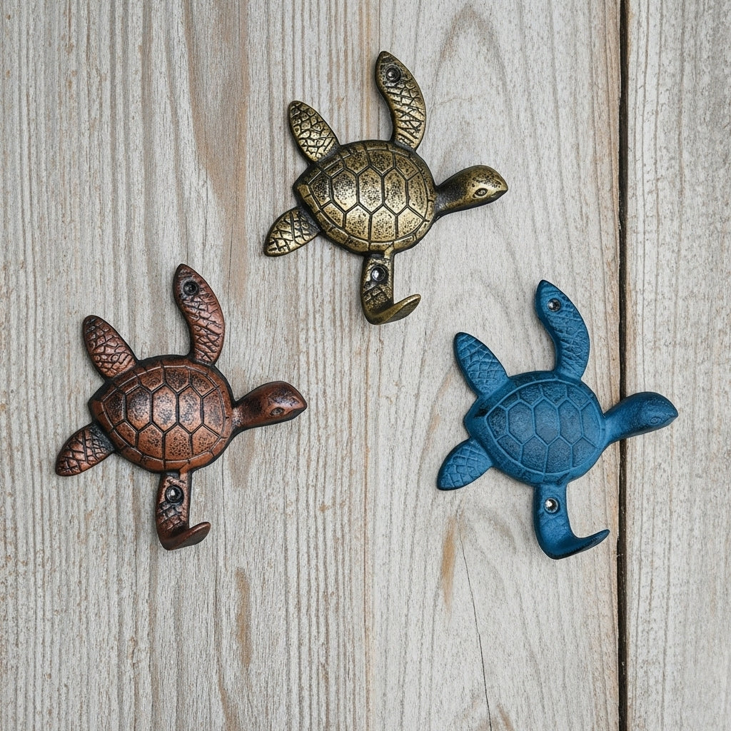 Set of 3 coastal cast iron sea turtle wall hooks in bronze, gold, and turquoise with shell detail