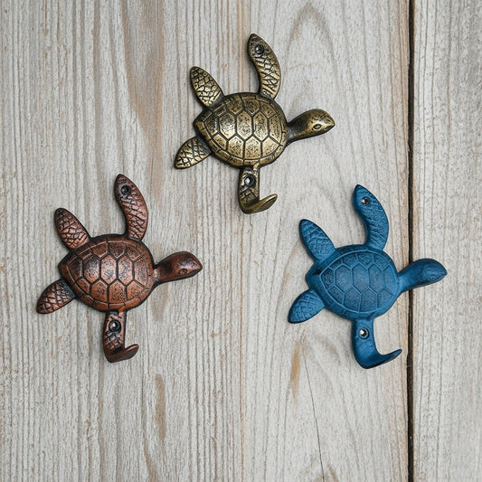 Sea Turtle Wall Hooks, Coastal Cast Iron Decor Set of 3