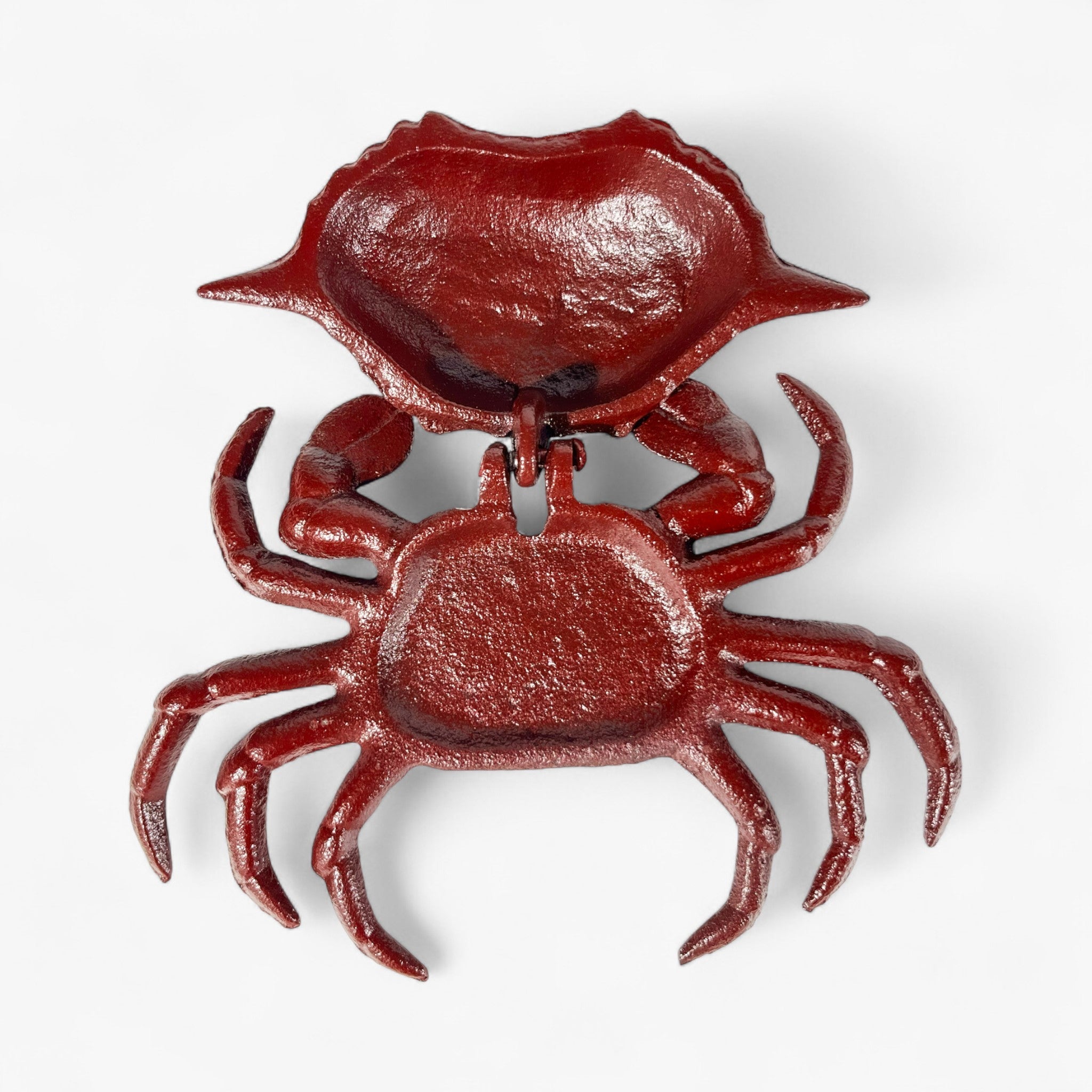 Burgundy cast iron crab key box top view showing hinged shell design and claws