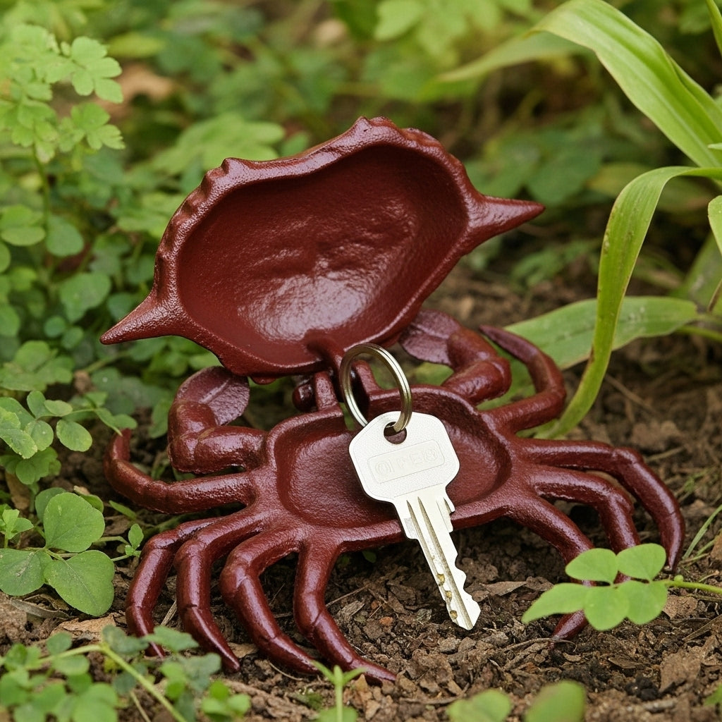 Cast iron crab key hider with white house key in garden setting, coastal home decor