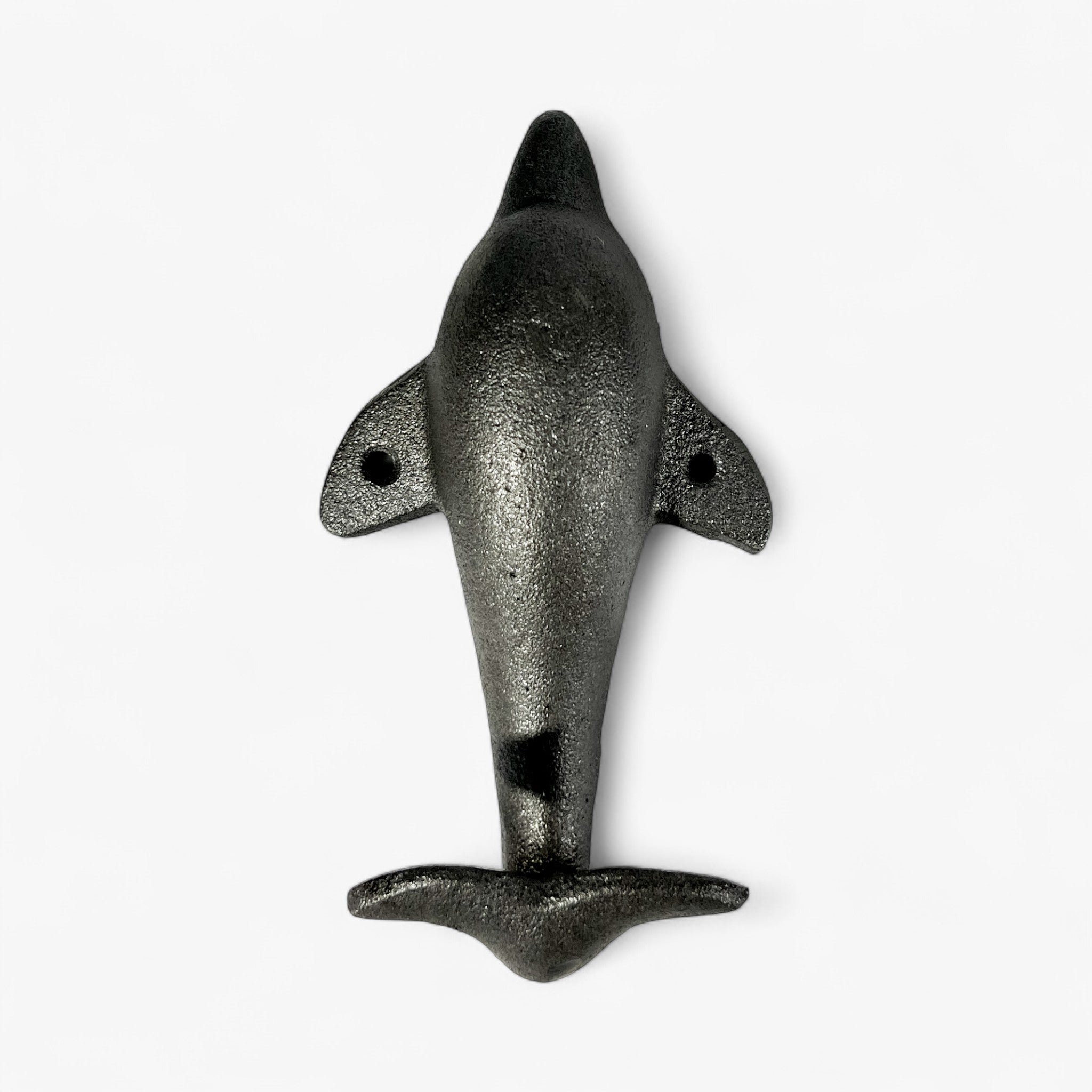 Textured gray cast iron dolphin tail hook with head detail, top view