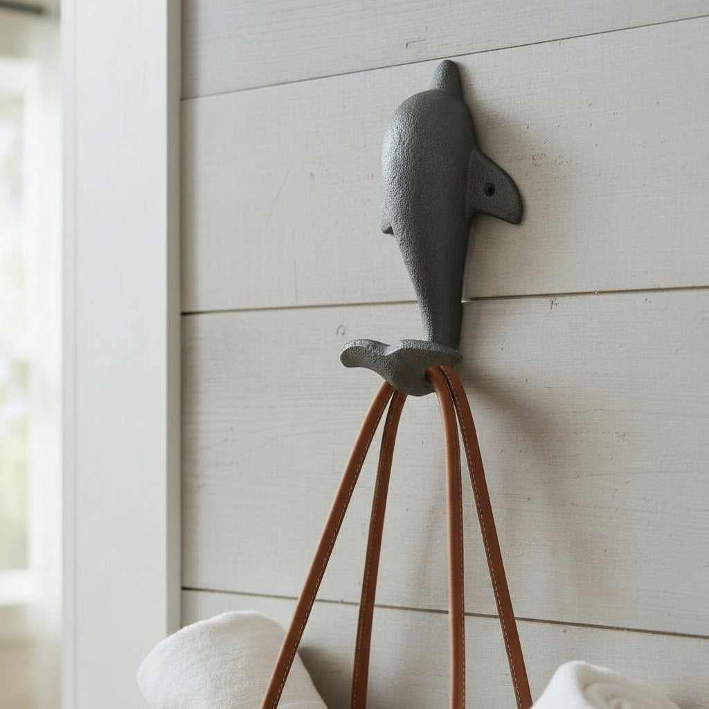 Natural iron cast dolphin tail wall hook with rope holder on white shiplap wall