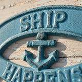 "Ship Happens" Boat Wall Sign, Blue Cast Iron Nautical Porch Decor, 7.8" GB78029 shot 2
