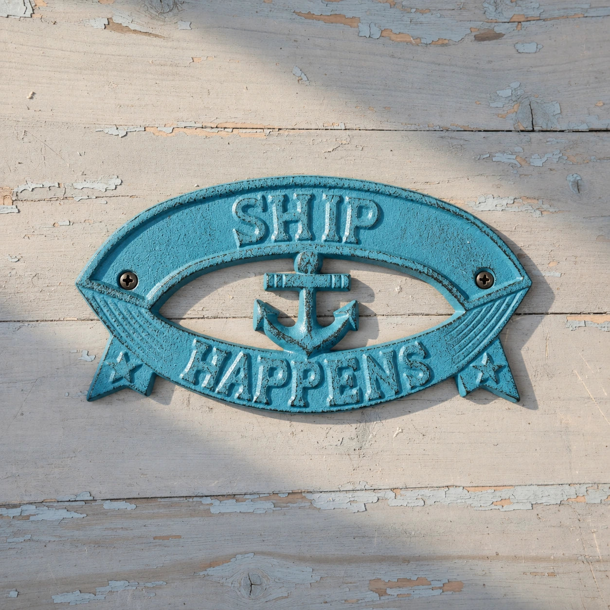 "Ship Happens" Boat Wall Sign, Blue Cast Iron Nautical Porch Decor, 7.8" GB78029 shot 1