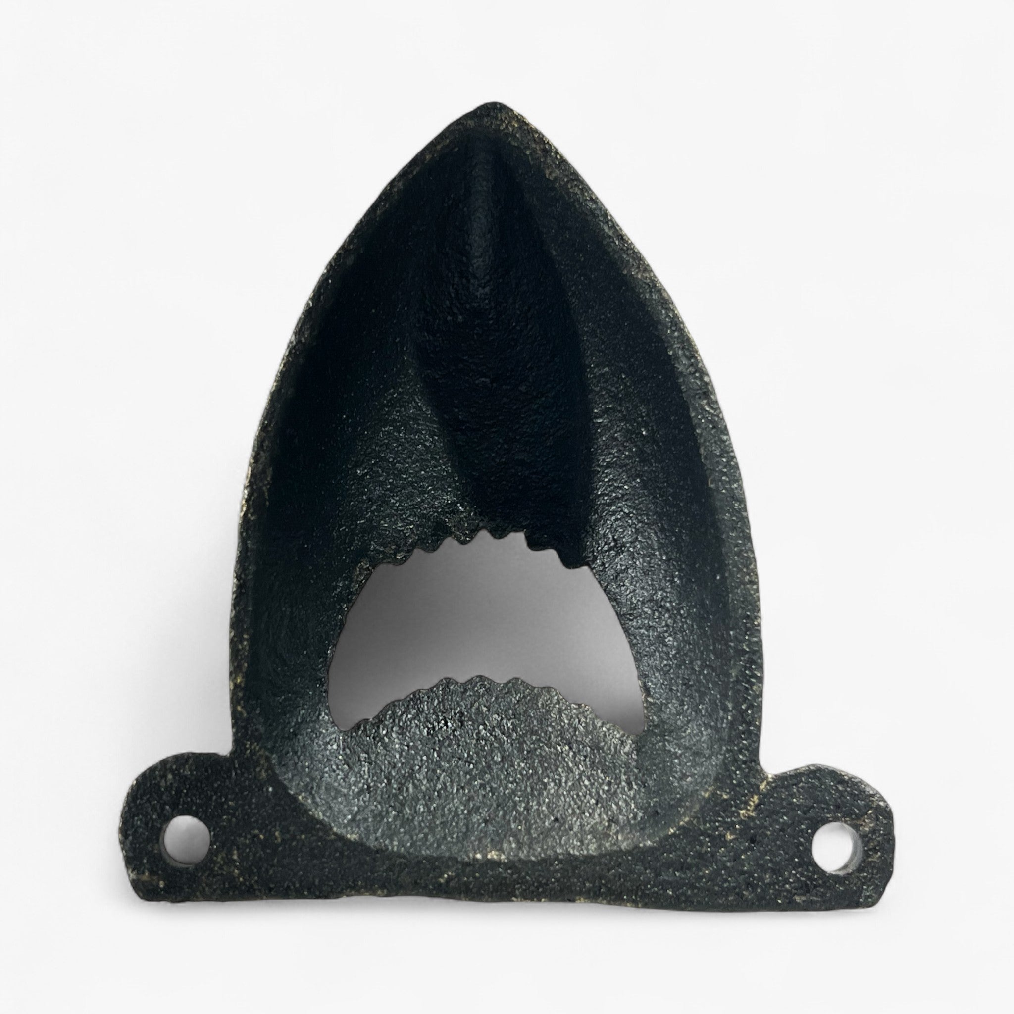 Black cast iron shark-shaped bottle opener with distressed vintage finish for bar decor