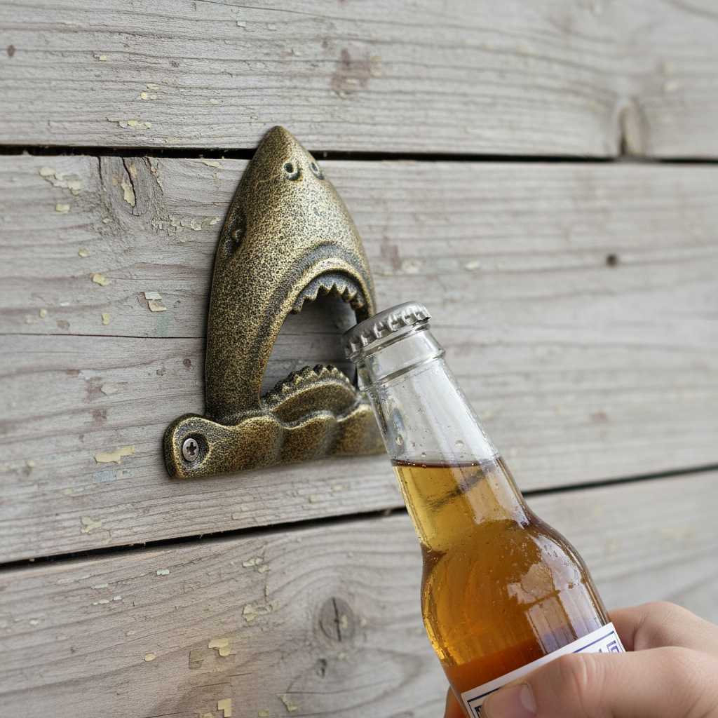 Antique brass cast iron shark bottle opener with open mouth design for wall mounting