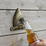 Antique brass cast iron shark bottle opener with open mouth design for wall mounting