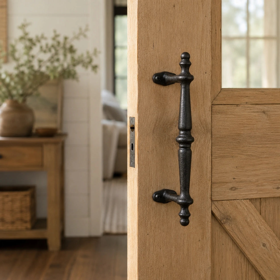 Black cast iron barn door pull handle mounted on a natural wood door