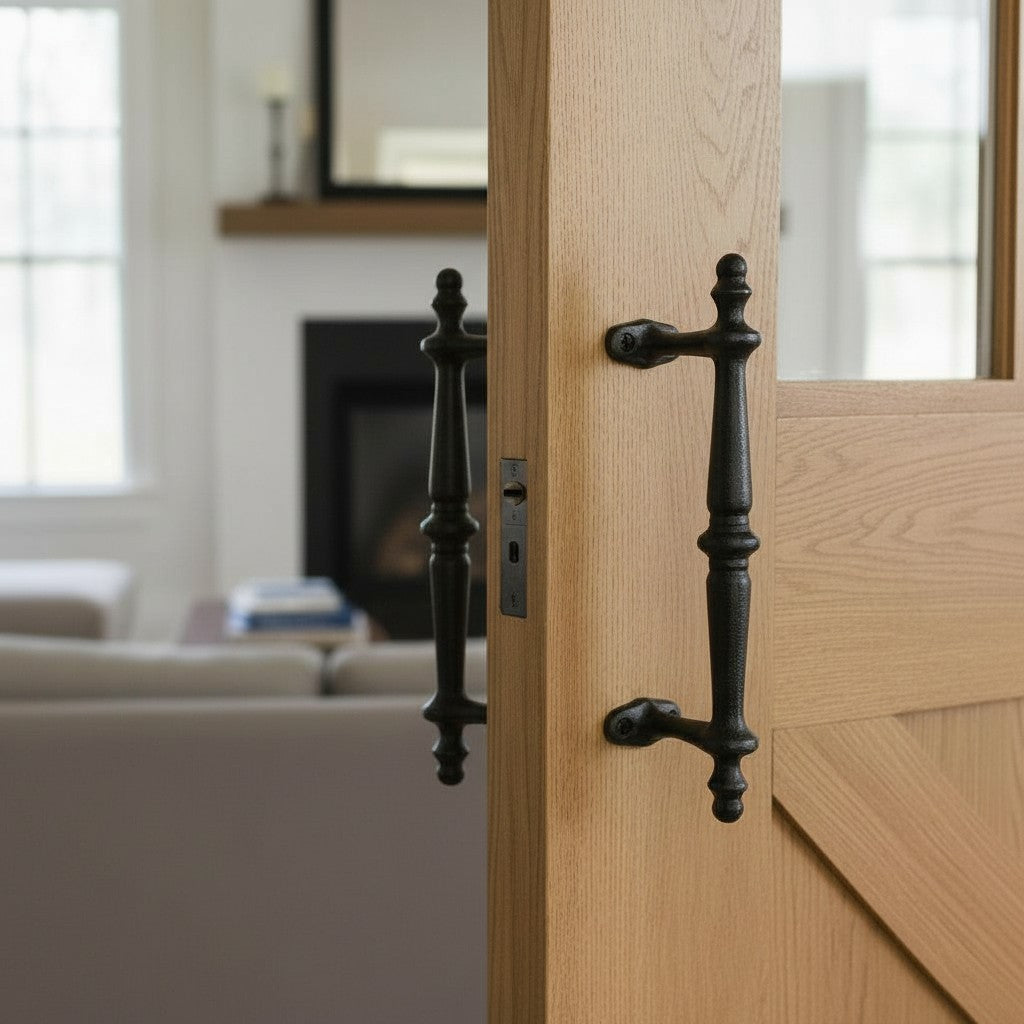 Black cast iron door handle with ornate finial, traditional pull hardware on oak wood