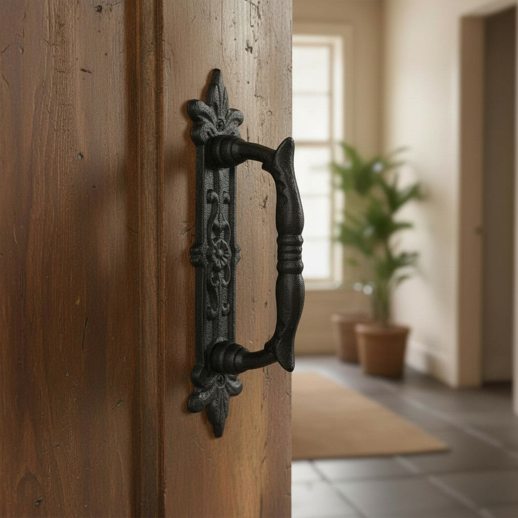 Black cast iron rustic door handle pull with ornate fleur-de-lis finials on wooden door