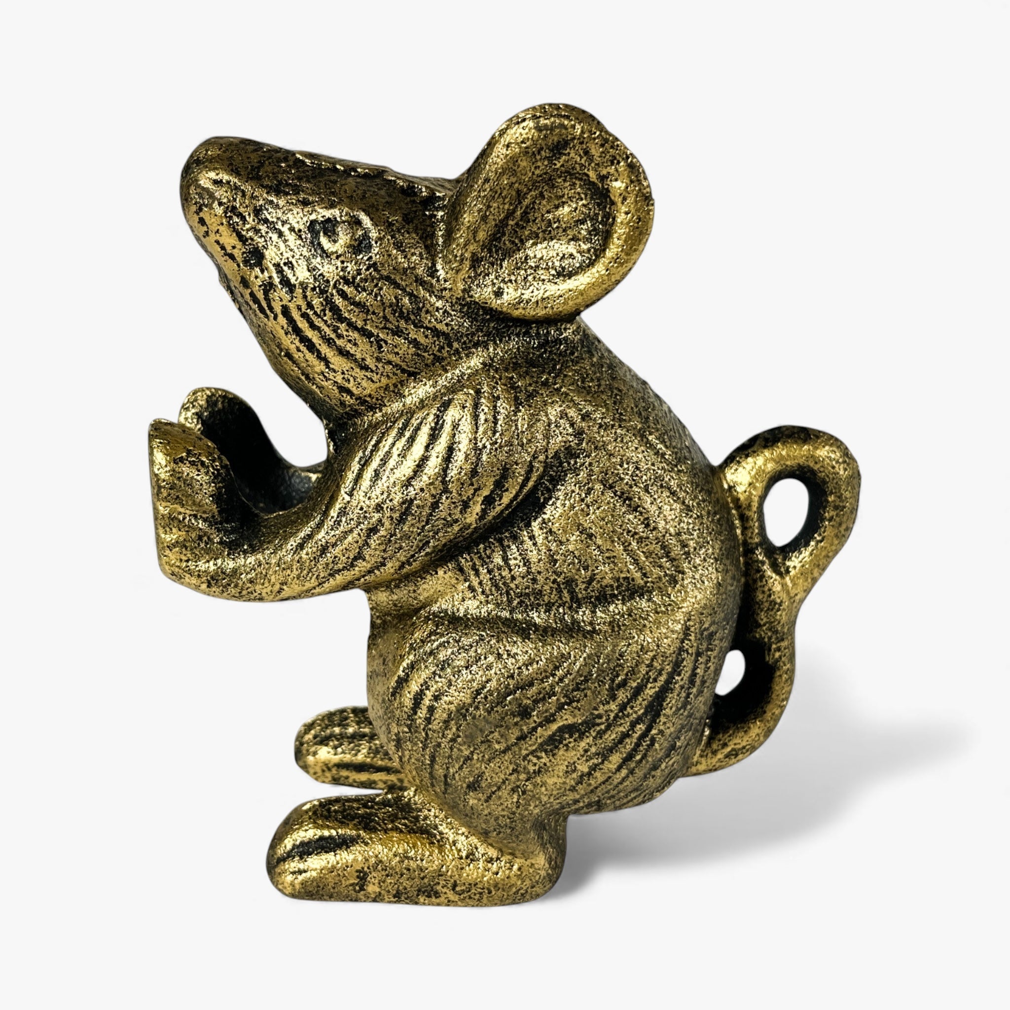 Gold cast iron mouse figurine with raised paws, whimsical home decor