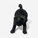 Matte black cast iron cat sculpture in sitting pose showing back view and textured finish detail