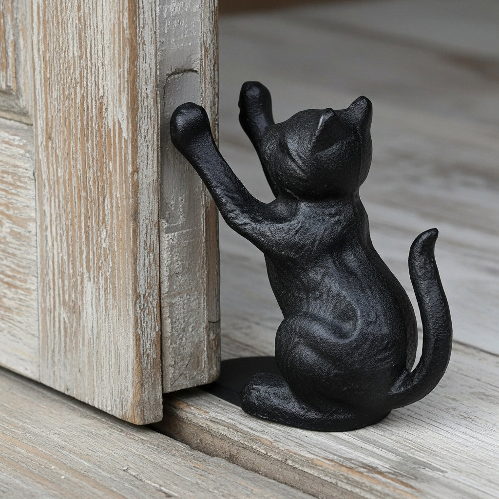 Black cast iron cat door stop wedge against wooden door, side view of decorative feline bookend