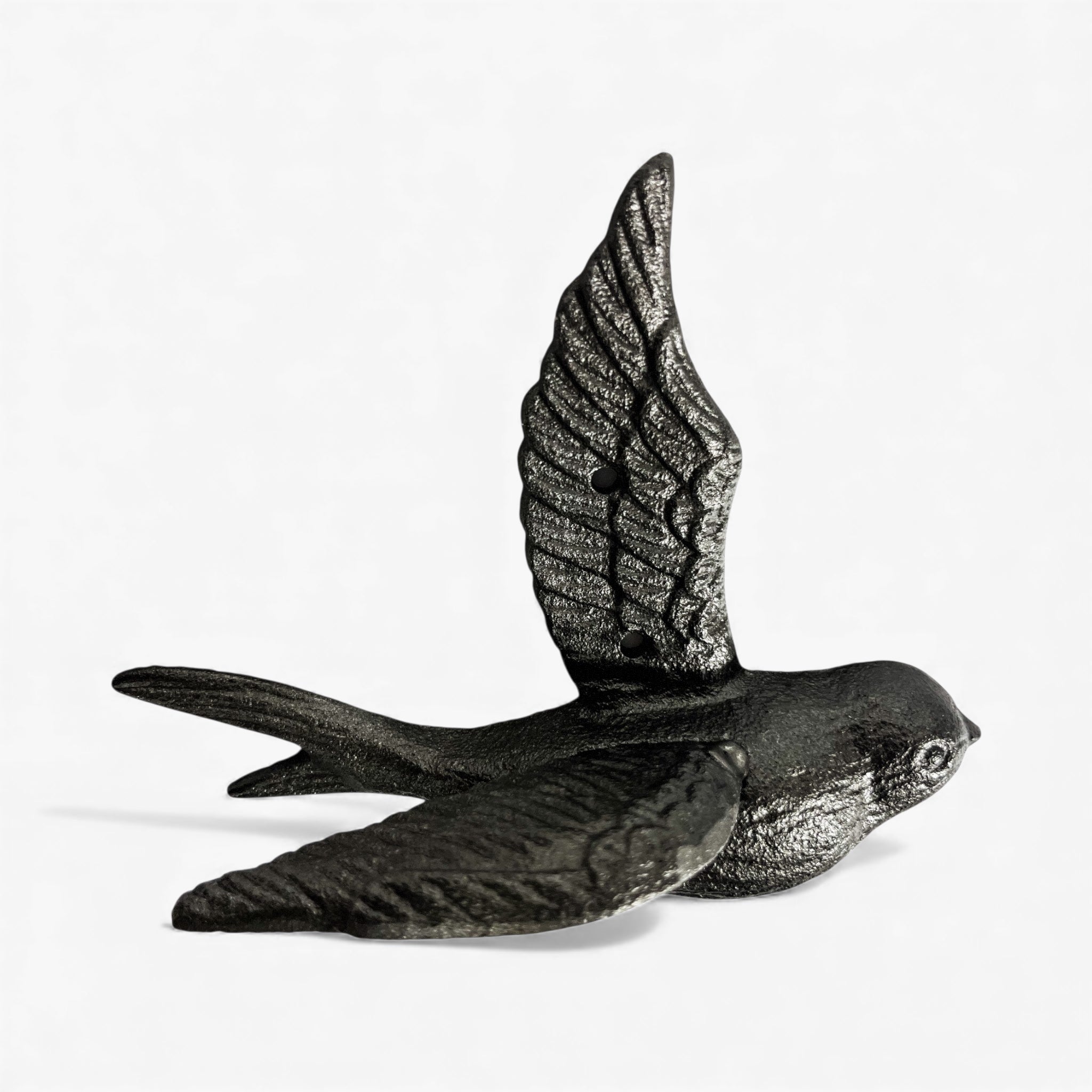 Iron bird hook with both wings extended horizontally and long tail feathers natural black finish