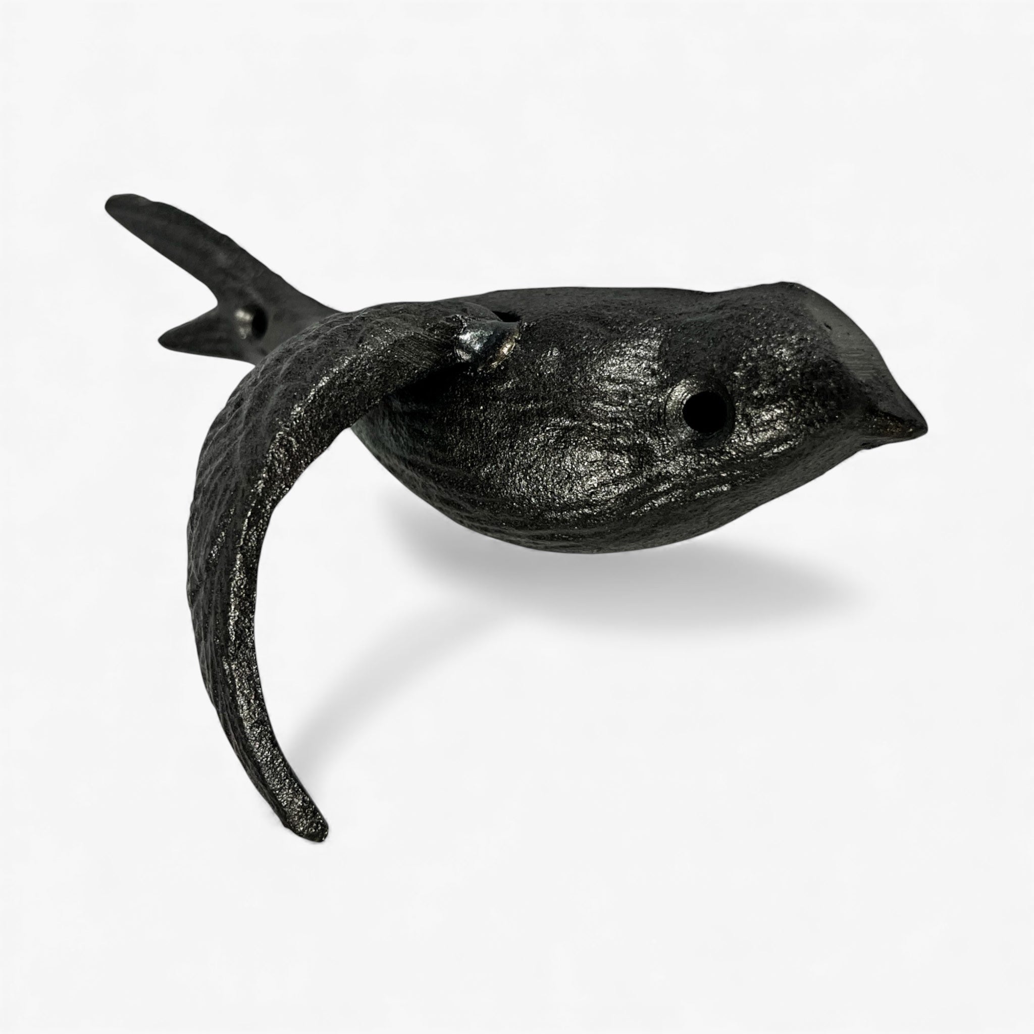 Black cast iron bird hook with mounting holes visible elevated side profile showing finish
