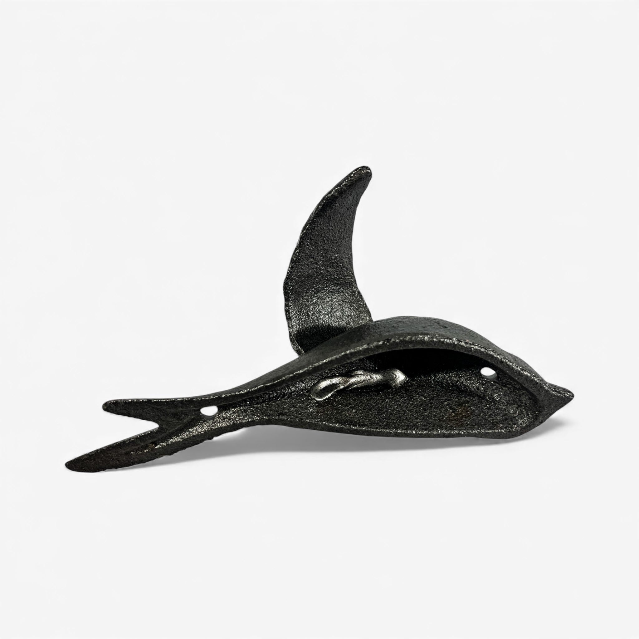 Cast iron bird wall hook with upright wing detail and weathered natural iron texture