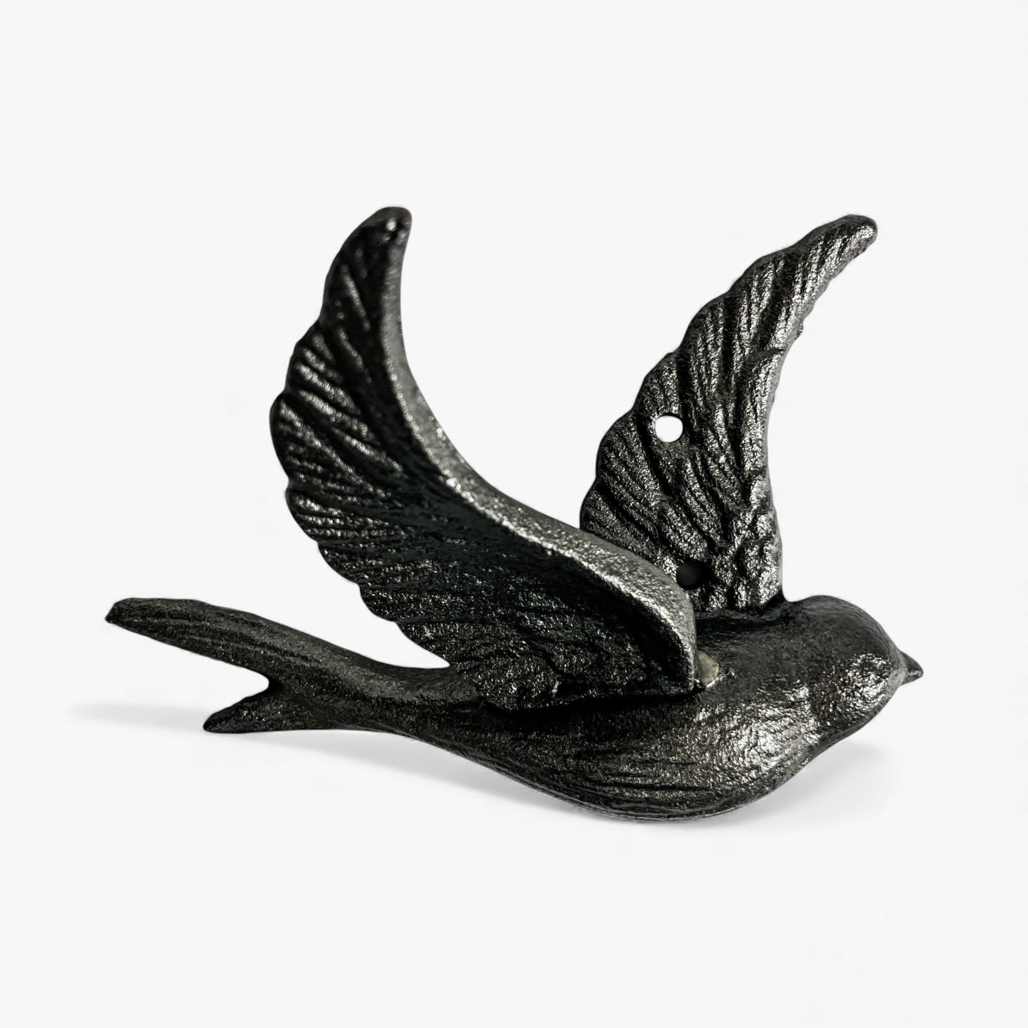 Black cast iron flying bird wall hook with detailed feather texture and textured finish side profile