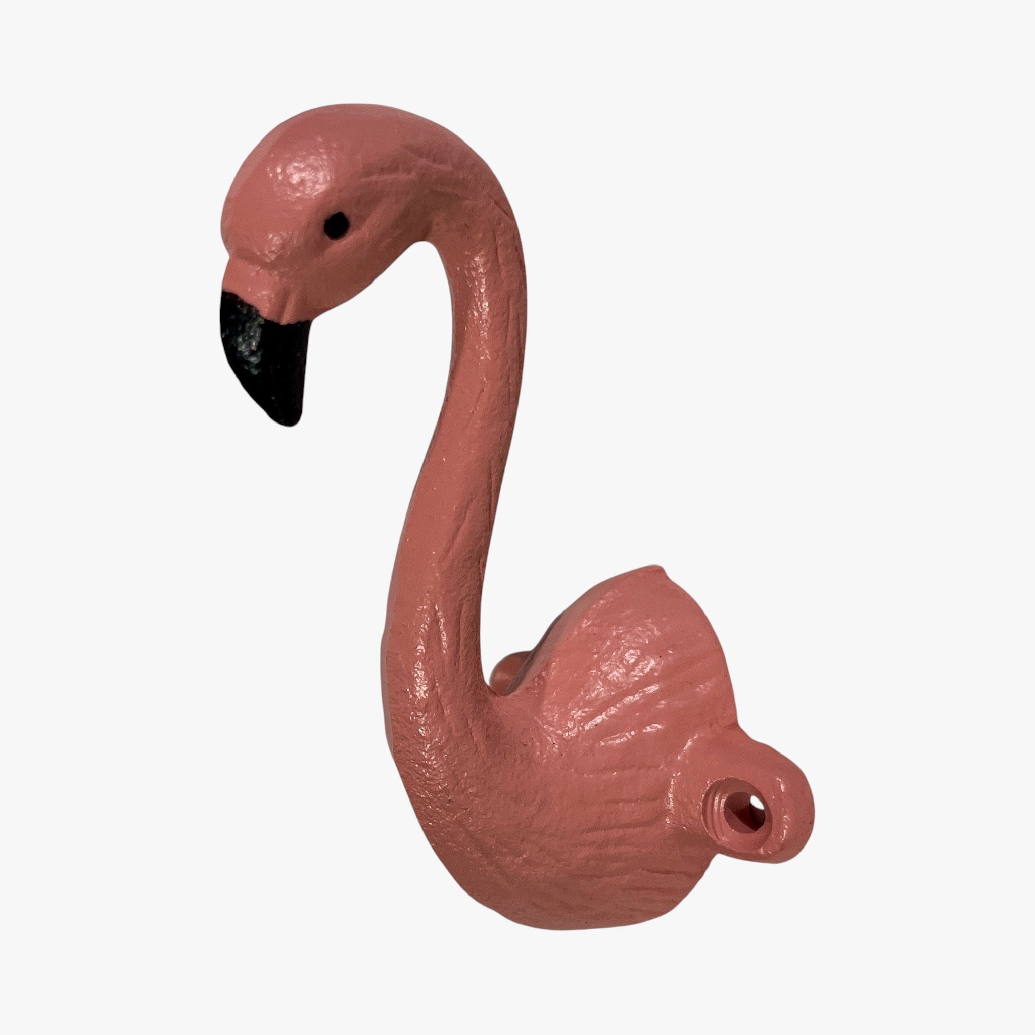 Pink cast iron flamingo wall hook with black beak detail, right angle profile