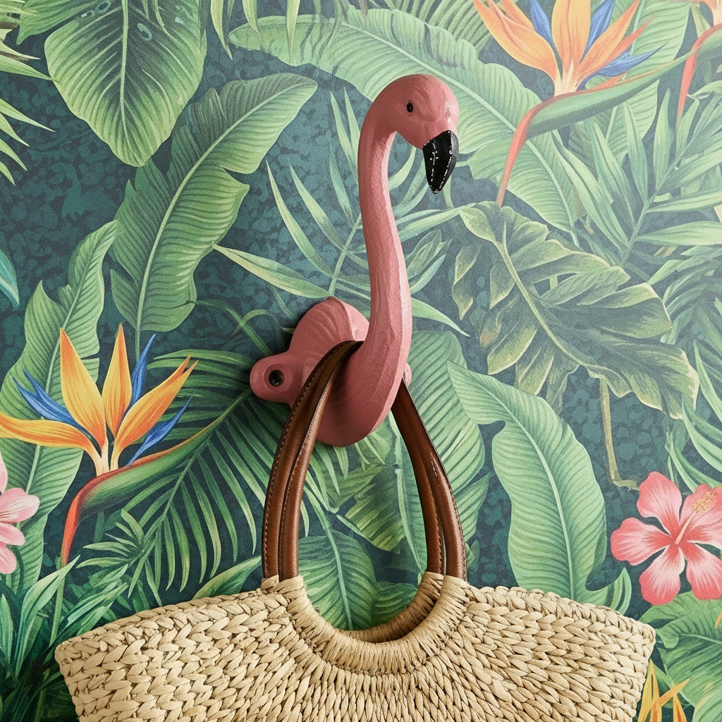 Pink flamingo wall hook with a woven bag on a tropical leaf background