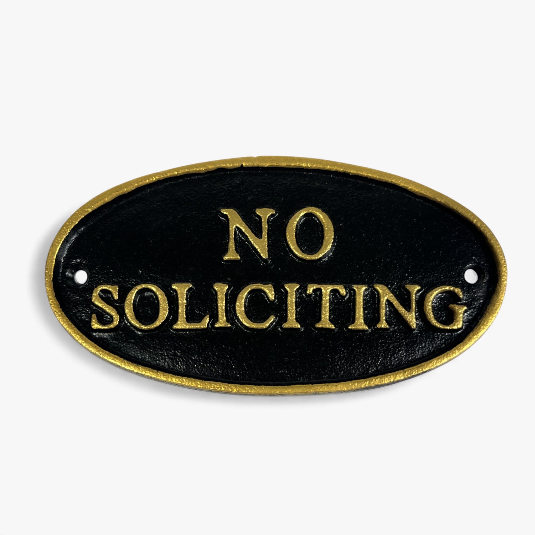 No Soliciting Sign Oval Cast Iron Black and Gold Door Decor