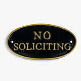No Soliciting Sign Oval Cast Iron Black and Gold Door Decor