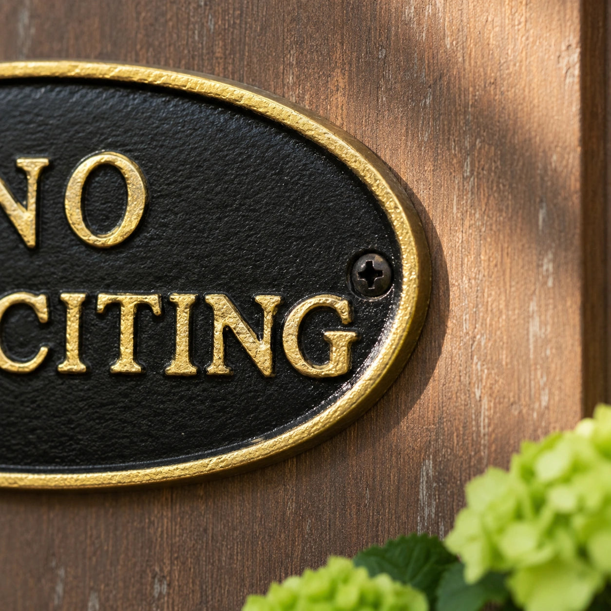 "No Soliciting" Oval Wall Sign, Cast Iron Black and Gold, 6.8" GB78045 shot 3